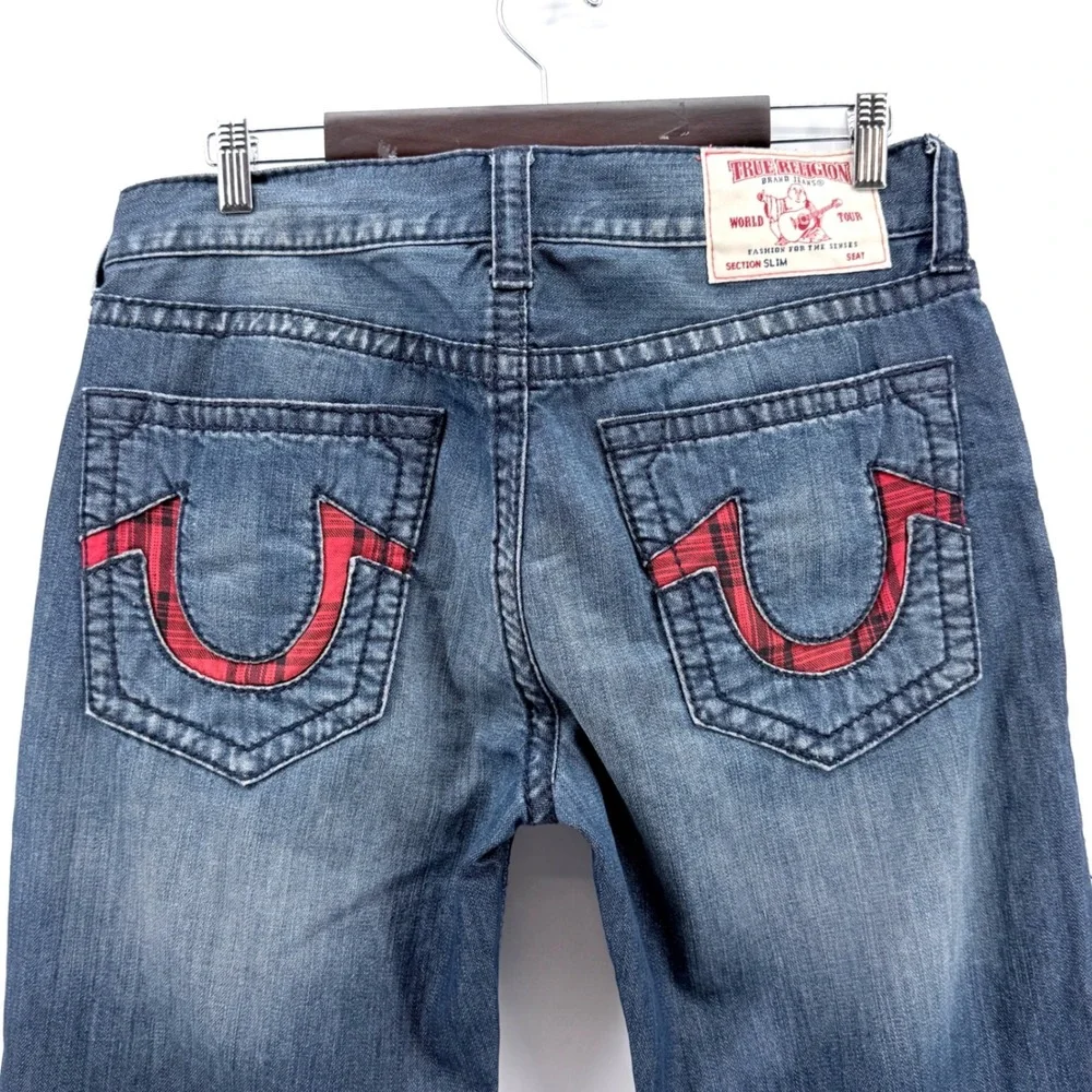 True Religion Slim Jeans Mens 34 Blue‎ Exc Faded Whiskered Red Plaid Straight